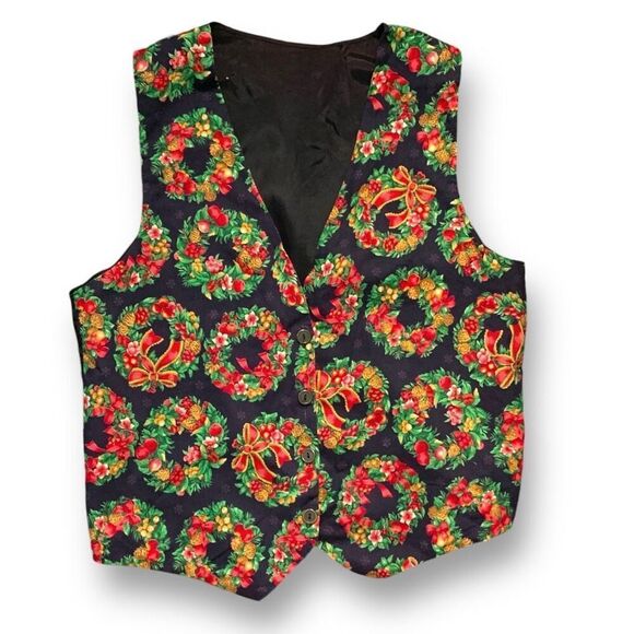 Vintage Christmas Wreath Print Button-Up Black Red Vneck Waistcoat Vest - Picture 1 of 10